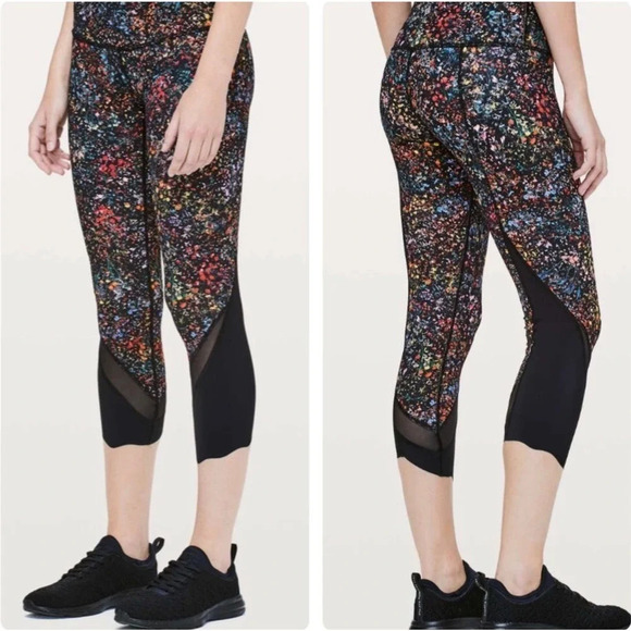 Lululemon Women's Size 6 Black Fluorescent Print Wunder Under Cropped Leggings - Picture 1 of 6